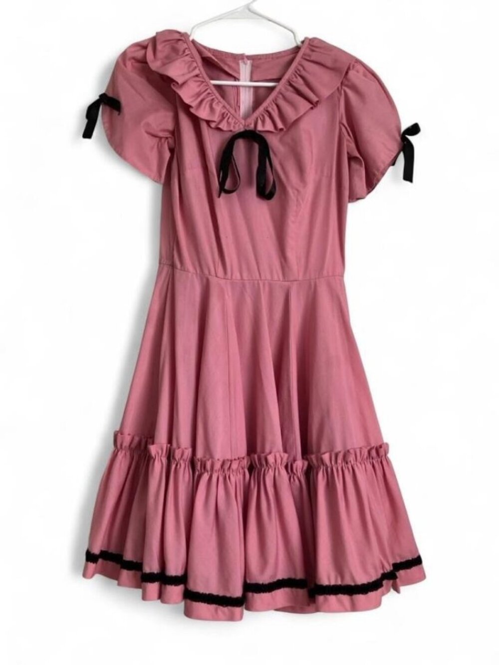 Pink Lolita Kawaii Ruffle Dress Black Ribbon Bow Trim Puff Sleeve XXS/XS